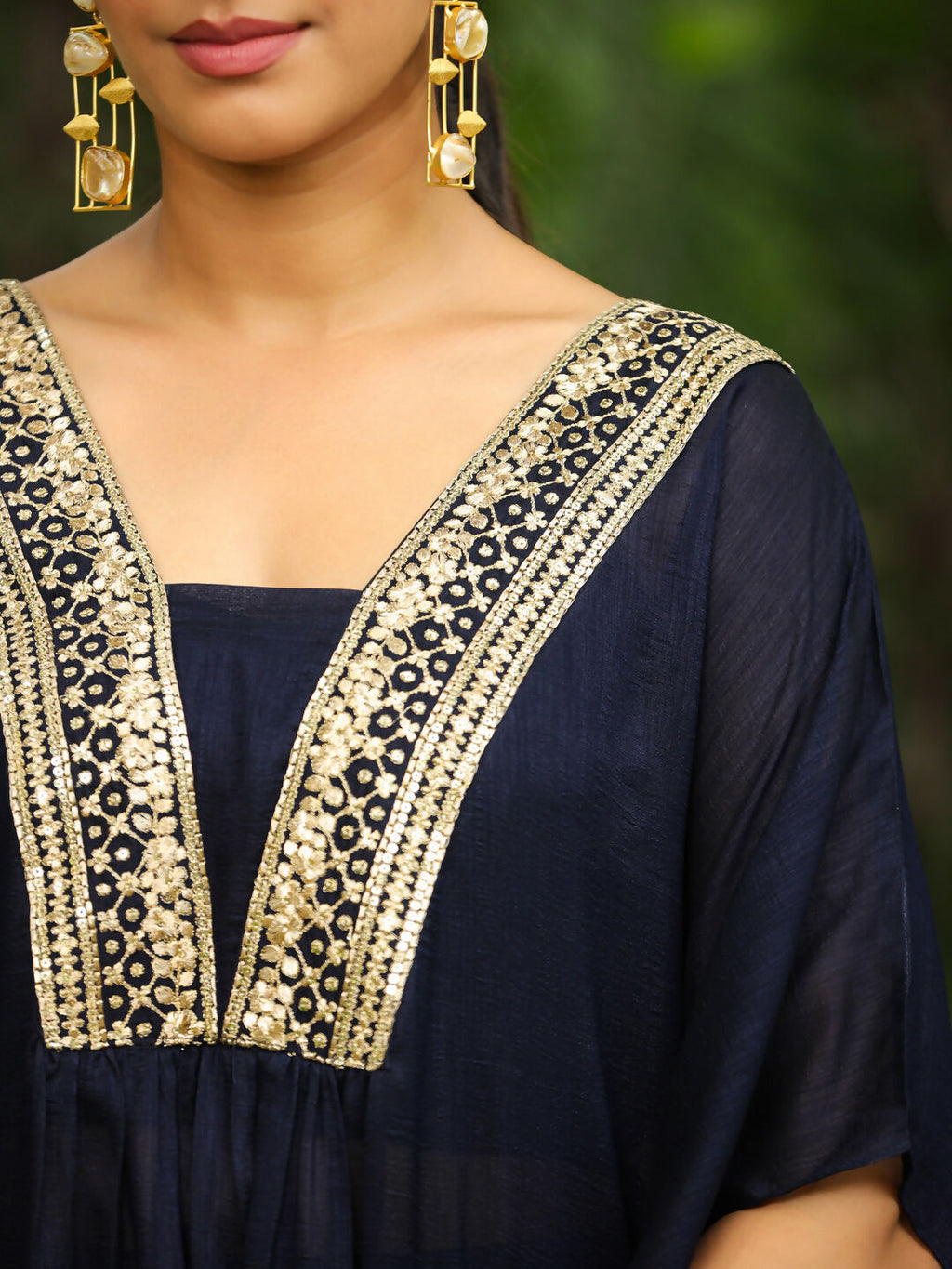 Janasya Navy Blue Silk Blend Yoke Embroidery Co-Ords | Grocsy