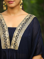 Janasya Navy Blue Silk Blend Yoke Embroidery Co-Ords | Grocsy