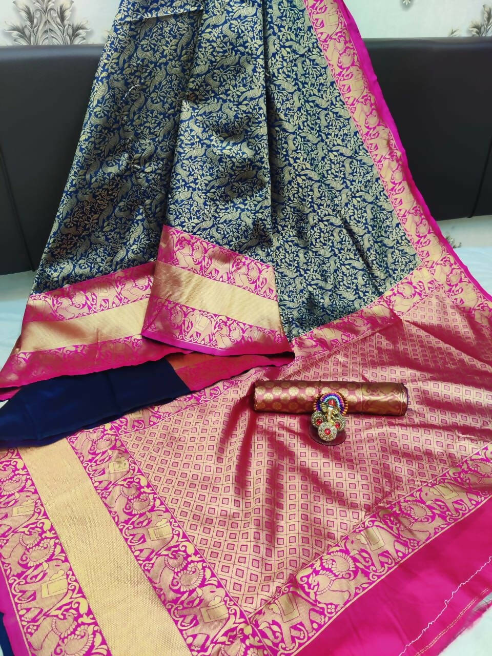 DEIANA'S Beautiful Designer Golden zari Soft Lichi Silk Saree - Blue | Grocsy