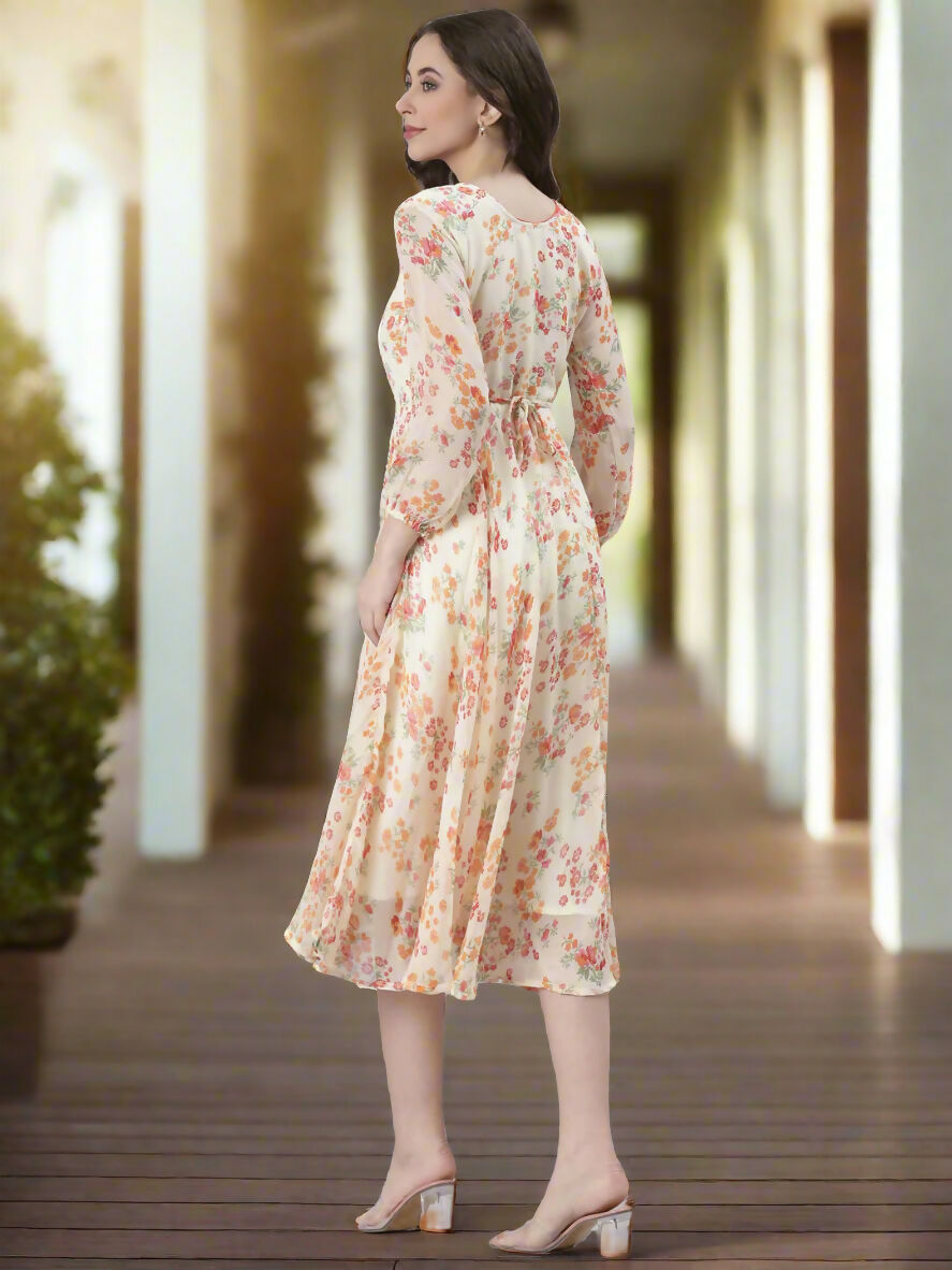 Souchii Cream Floral Printed Fit & Flare Dress | Grocsy
