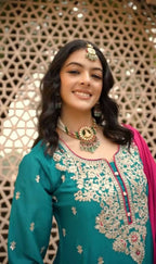 Teeya Creation Womens New Wedding Wear Heavy Embroidery Thread Work Teal Kurta Set | Grocsy