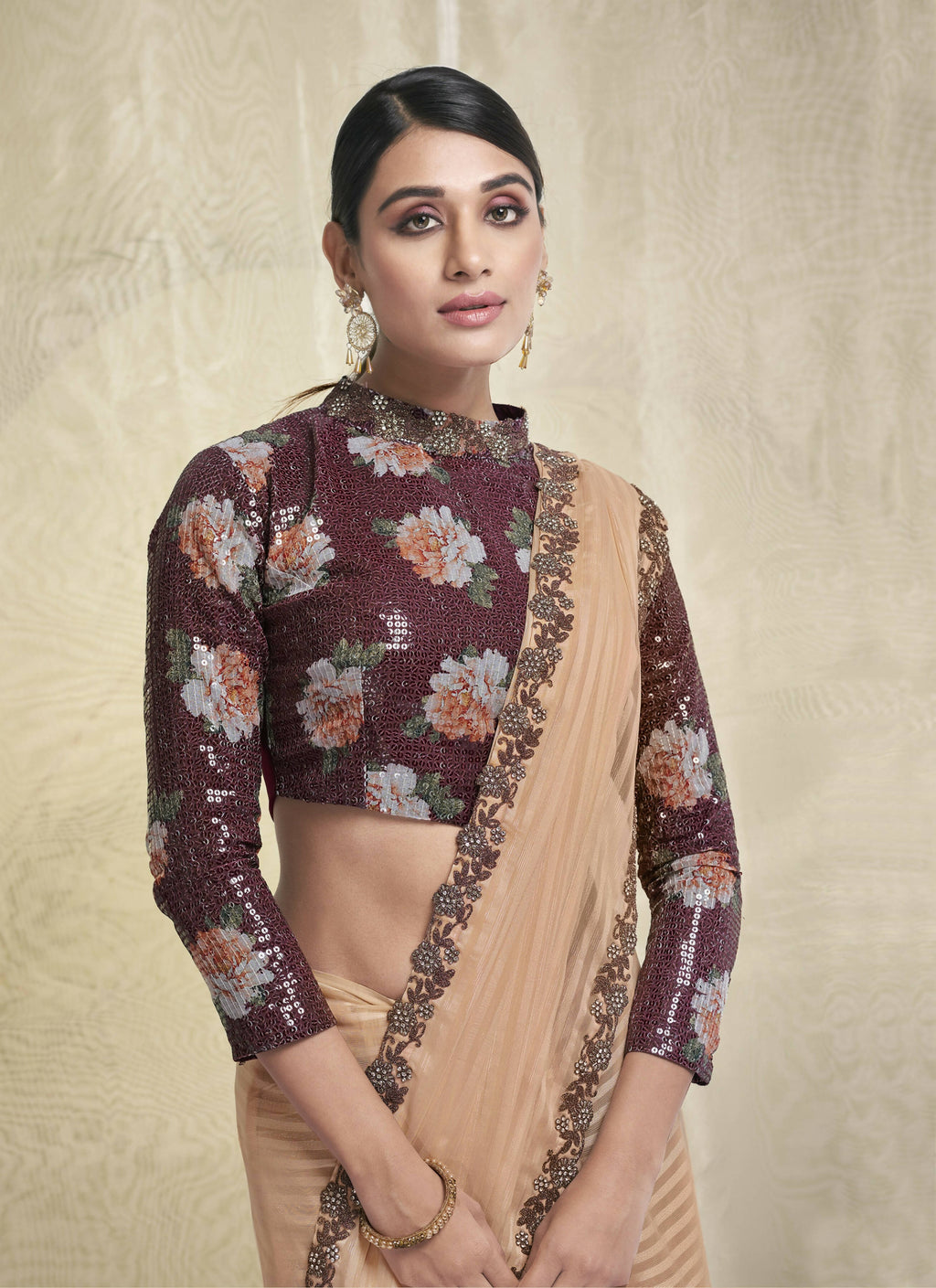Peach Georgette Stone Work With Embroidery In Border Saree With Blouse Piece - Norita Avyaan | Grocsy