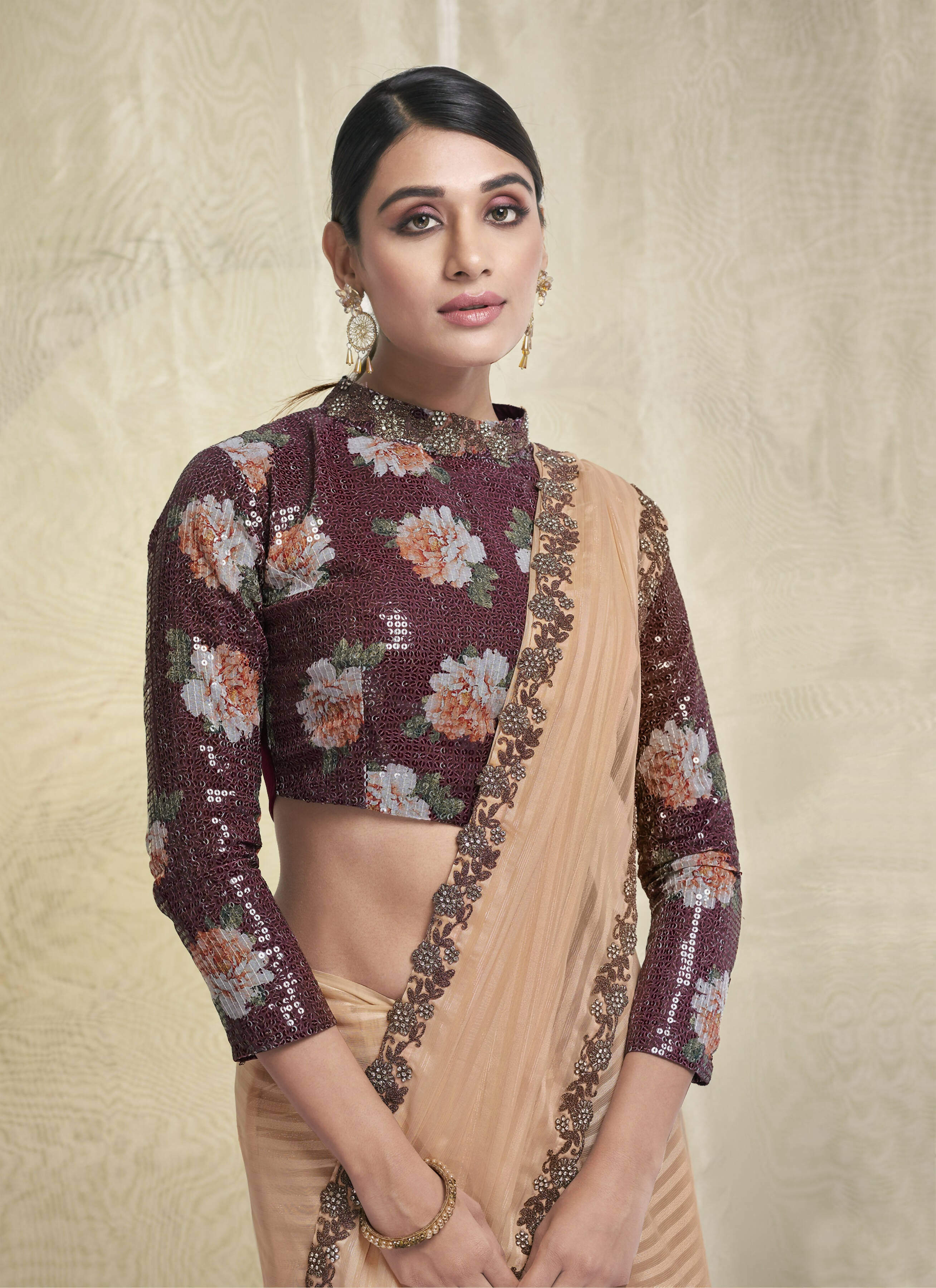 Peach Georgette Stone Work With Embroidery In Border Saree With Blouse Piece - Norita Avyaan | Grocsy