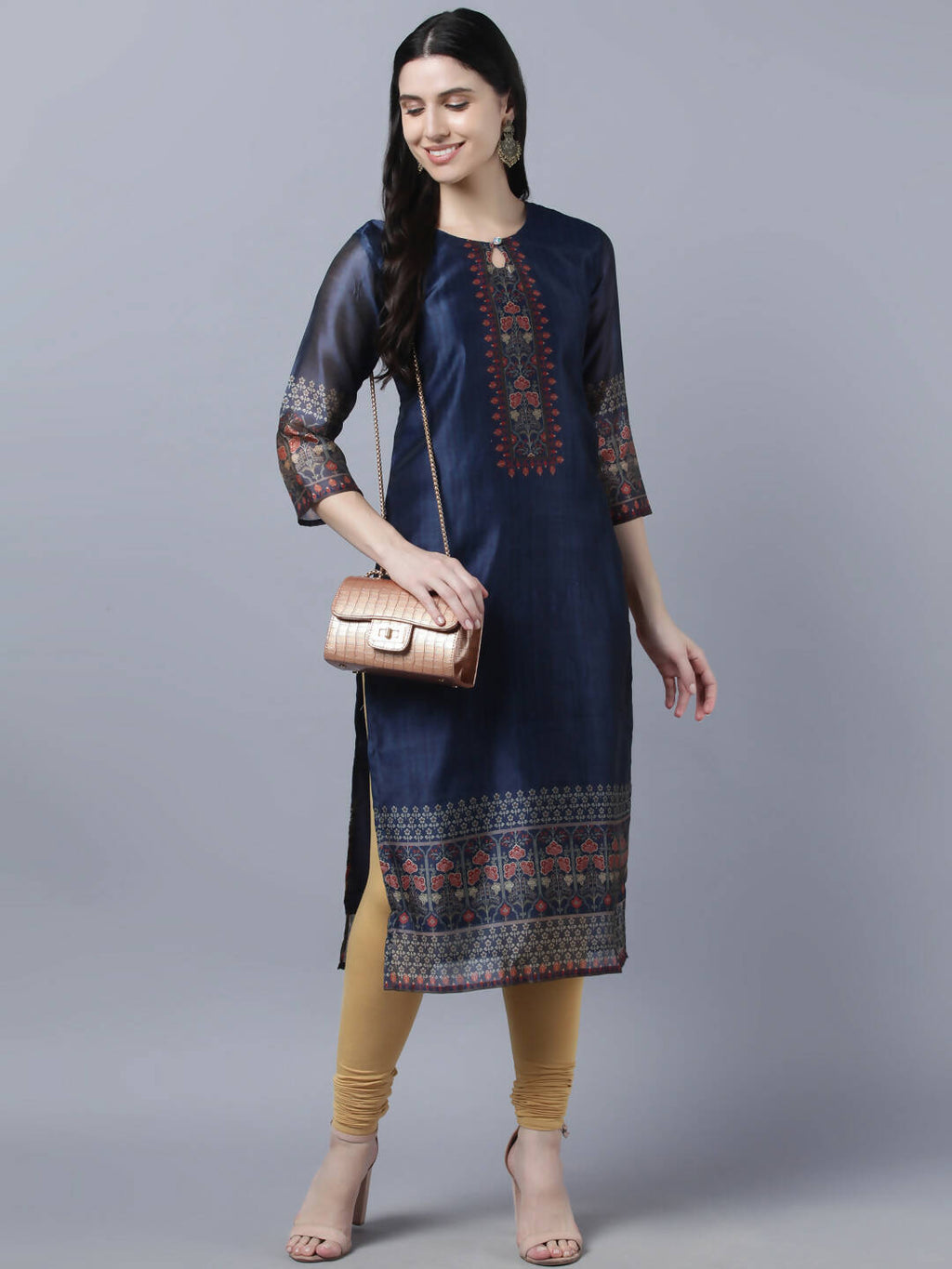 Myshka Women Navy Blue Ethnic Motifs Printed Keyhole Neck Chanderi Silk Kurta | Grocsy