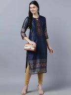 Myshka Women Navy Blue Ethnic Motifs Printed Keyhole Neck Chanderi Silk Kurta | Grocsy