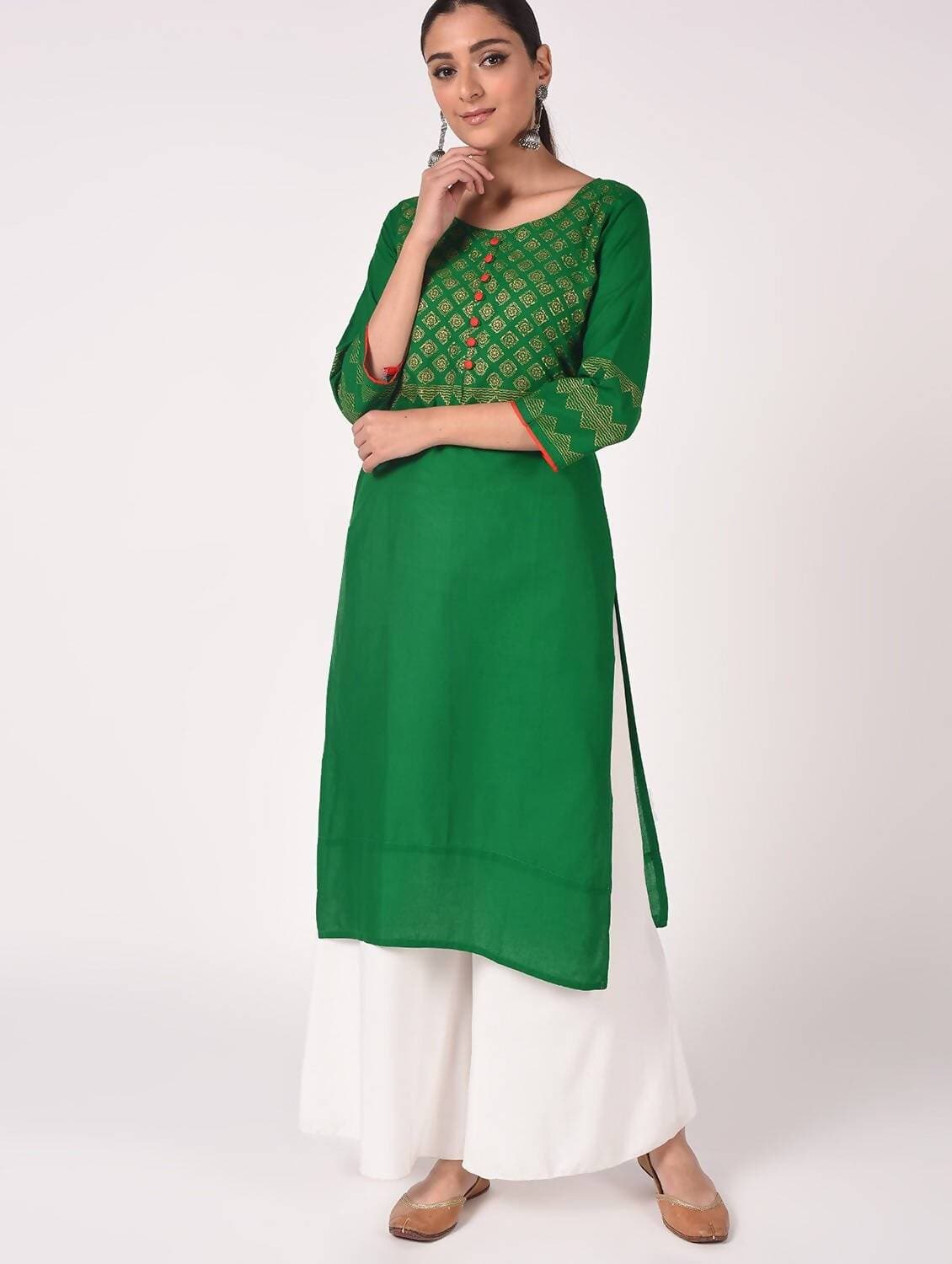 Cheera Hand Block Print Bottle Green Straight Kurta (MAAI-067K) | Grocsy