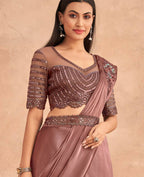 Dark Mauve Satin Embroidered Ready To Wear Saree With Unstitched Blouse Piece - Nandika | Grocsy