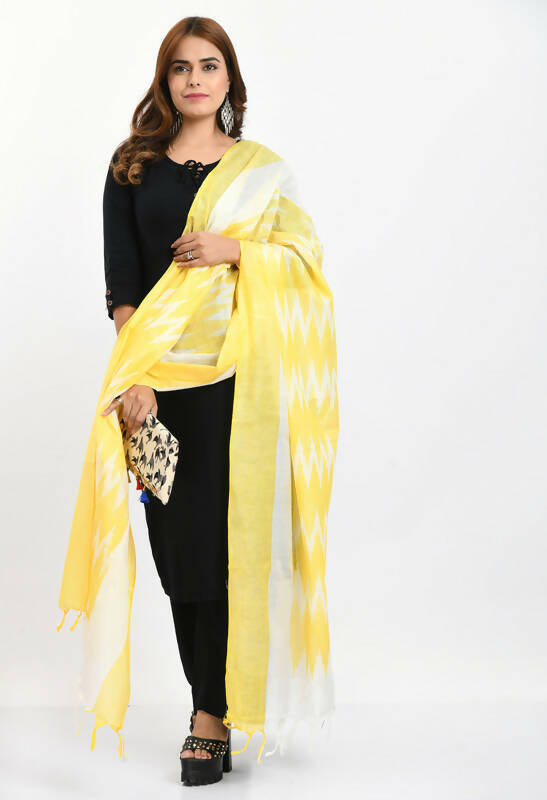 Mominos Fashion Moeza Women's Handloom Cotton Ikkat Yellow Dupatta | Grocsy