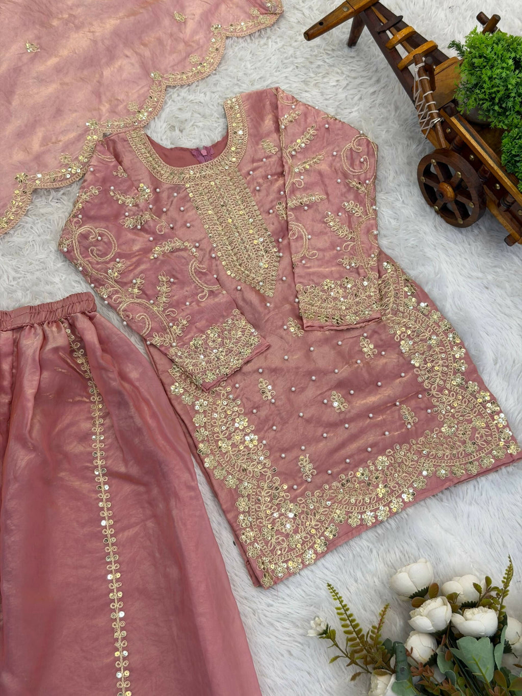 Teeya Creation New Trendy Fully Stitched Ready to Wear Kids Kurta Palazzo Set-Pink | Grocsy