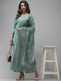 Yufta Women Blue & Off-White Printed Kurta with Palazzo & Dupatta | Grocsy
