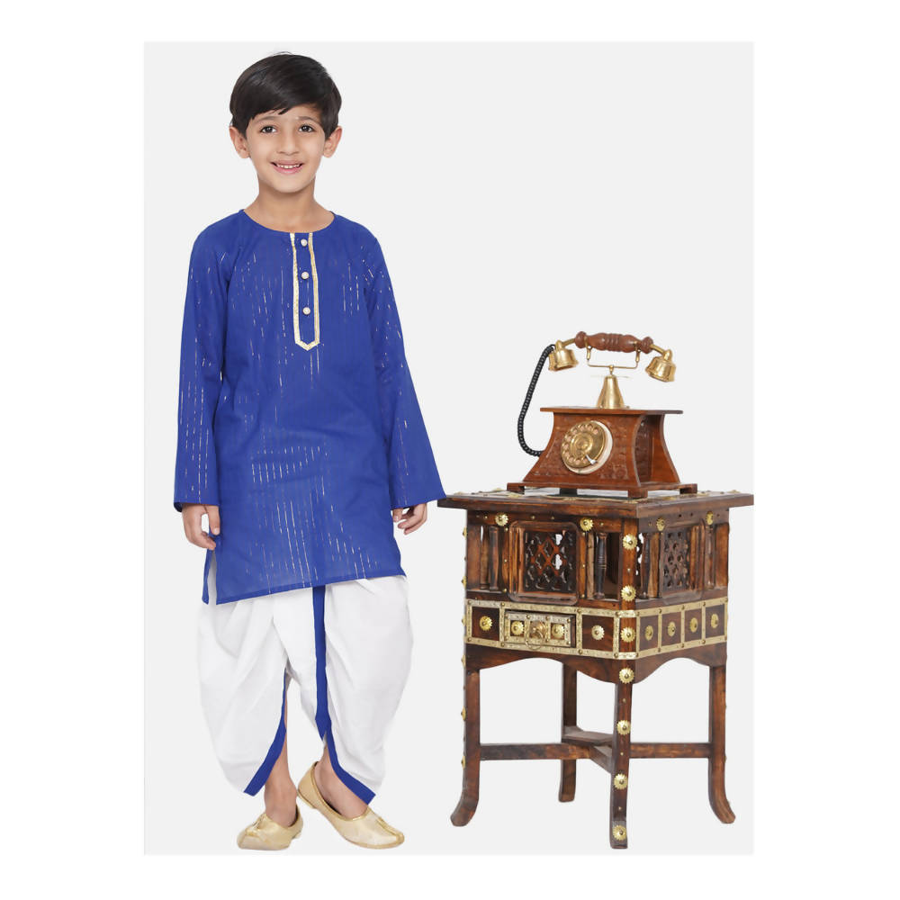 Little Bansi Boys Golden Striped Kurta and Dhoti - Royal Blue and Cream | Grocsy