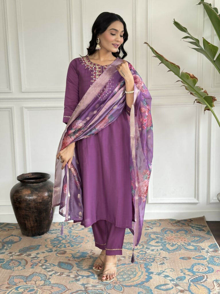 Purple Viscose chanderi Stitched Suit With Dupatta - Tanisha | Grocsy