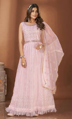 Pink Georgette Crush Mirror Work Gown With Duppatta - Shaili | Grocsy