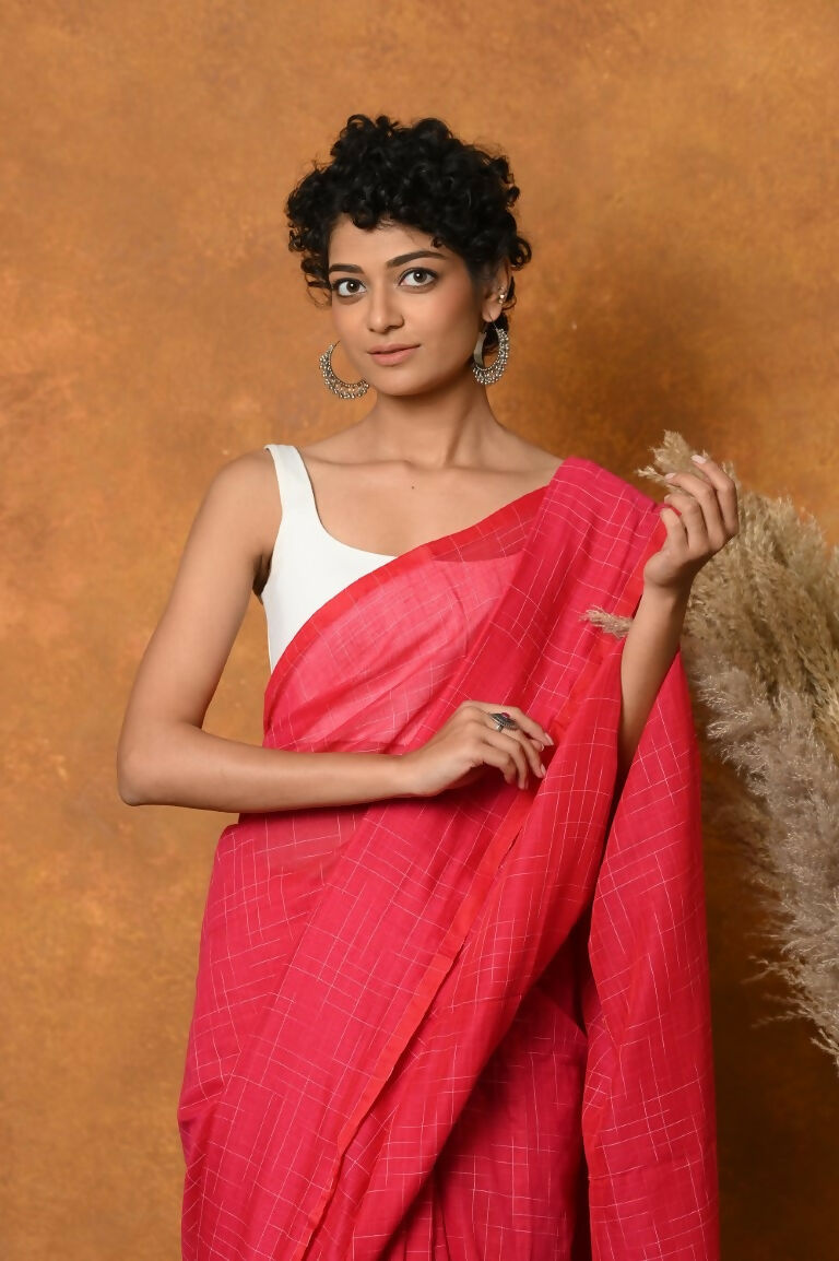 Very Much Indian Mul Cotton Khadi Design Handloom Woven Saree - Pink | Grocsy