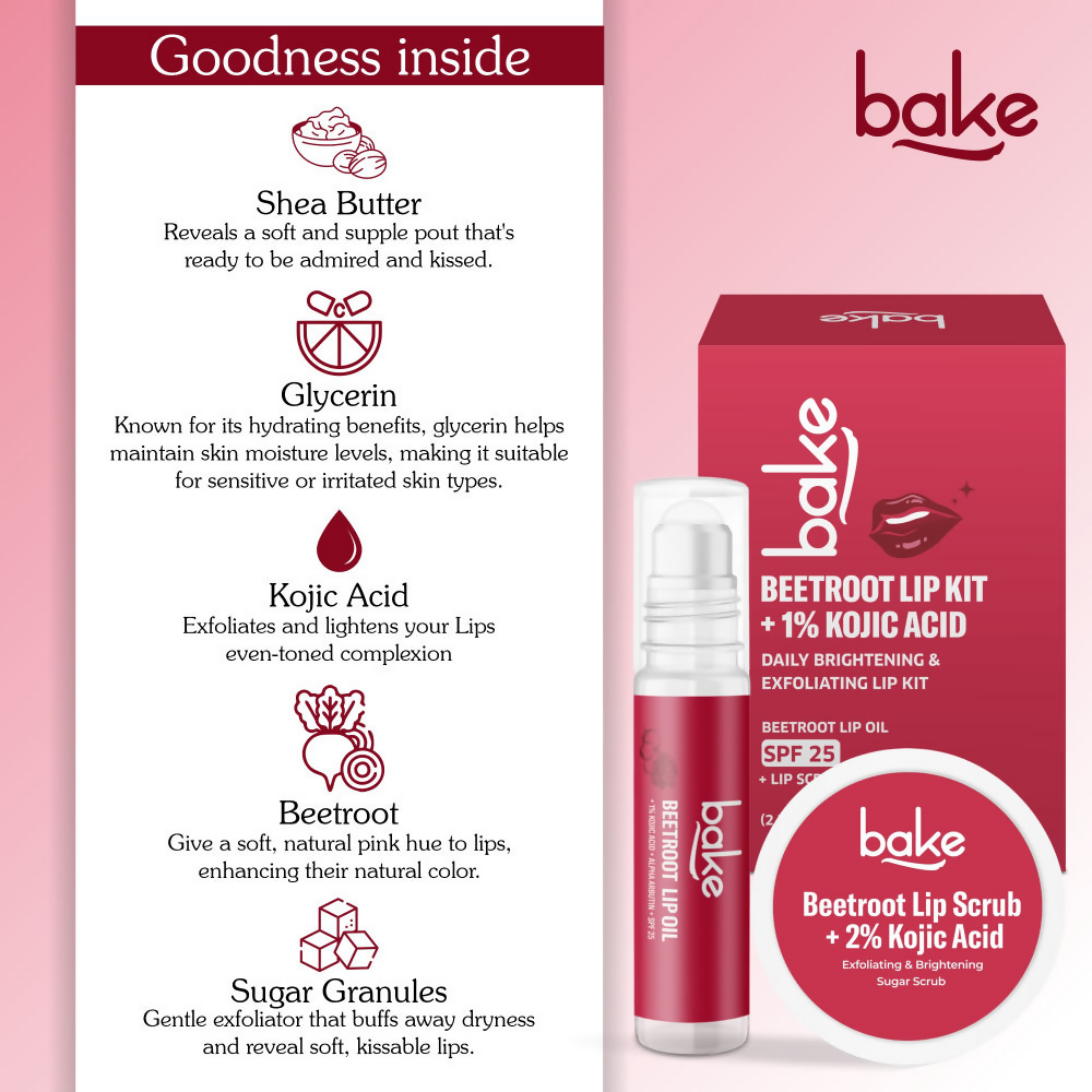 Bake Kojic Acid Beetroot Lip Kit With Lip Balm SPF 25 & Lip Scrub For Dark & Pigmented Lips | Grocsy