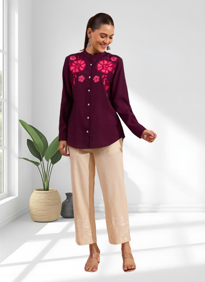 Joban Fashion Wine Silk Embroidered Readymade Tunic | Grocsy