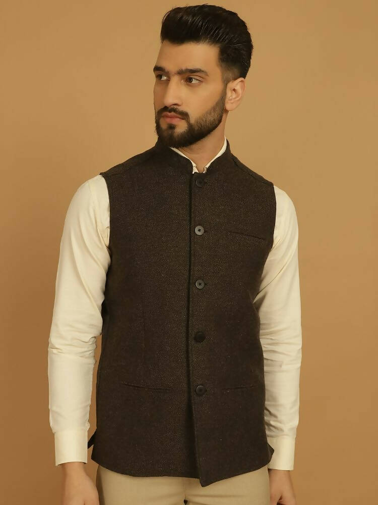 Even Apparels Pure Wool Nehru Jacket - Brown | Grocsy