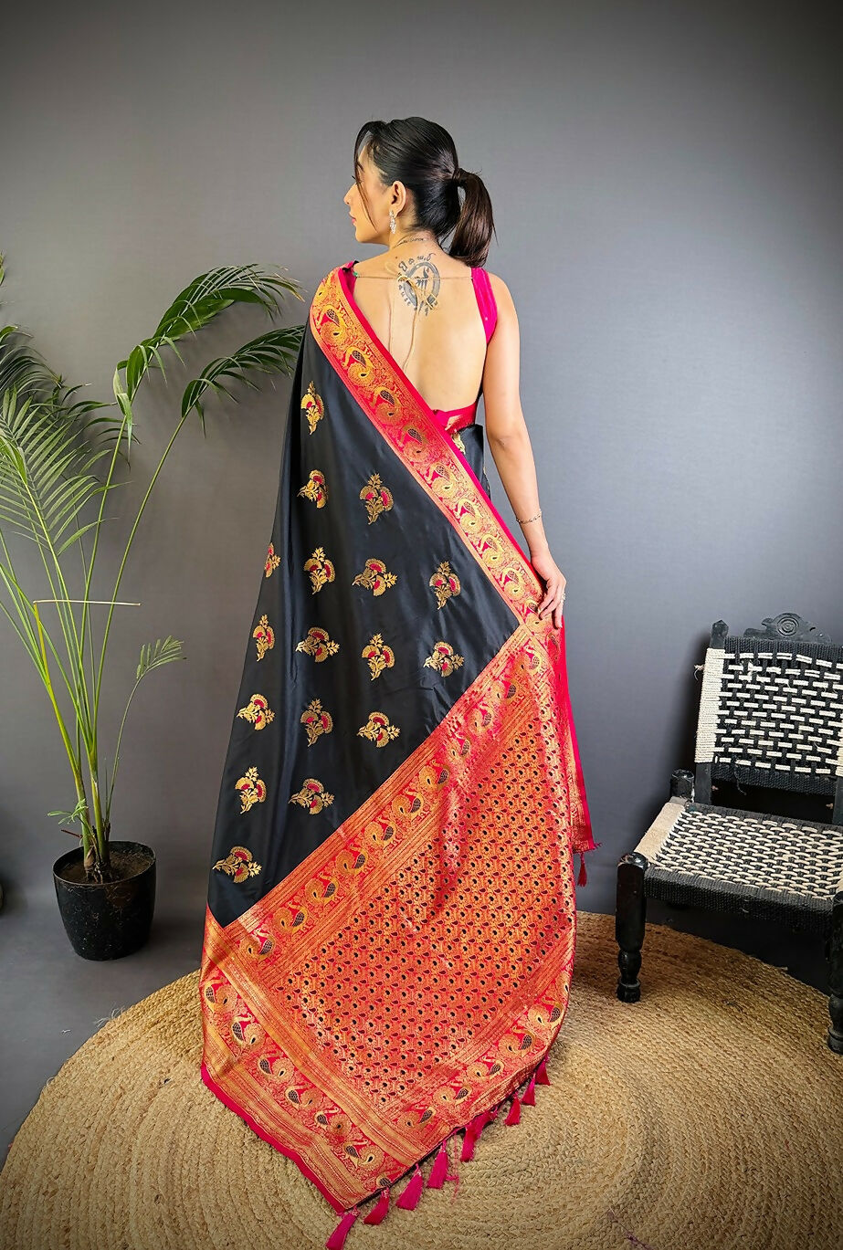 Joban Fashion Banarasi Black Woven Soft Silk Saree | Grocsy