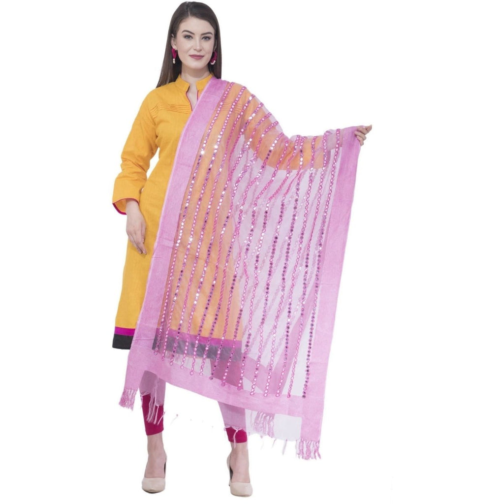 A R Silk Women's Mirror Work Orgenza Cotton Rose Pink Dupattas and Chunnis | Grocsy