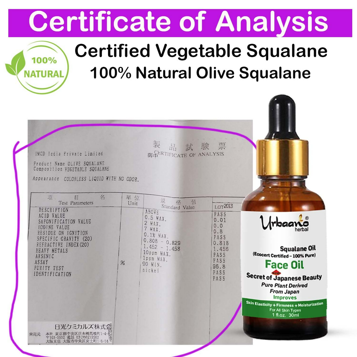 Urbaano Herbal Olive Squalane - 100% Pure Natural Plant-Derived Japanese Oil | Grocsy