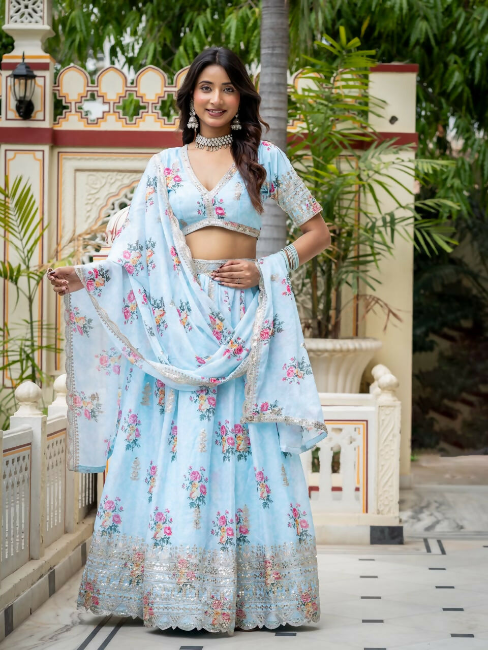 Women’s Semi-Stitched Sky Blue Star Georgette Zari Sequence Embroidery Digital Printed Work Lehenga Choli With Star Georgette Dupatta-Jihu Culture | Grocsy