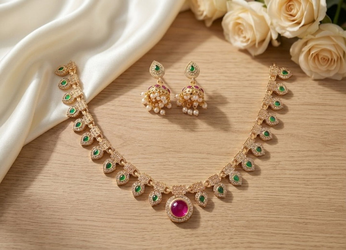 Jewel City Multicolor Gold Plated Necklace Set With Jhumka Earrings|Temple Jewelry For Festive | Grocsy