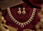 Jewel City Multicolor Gold Plated Necklace Set With Jhumka Earrings|Temple Jewelry For Festive | Grocsy