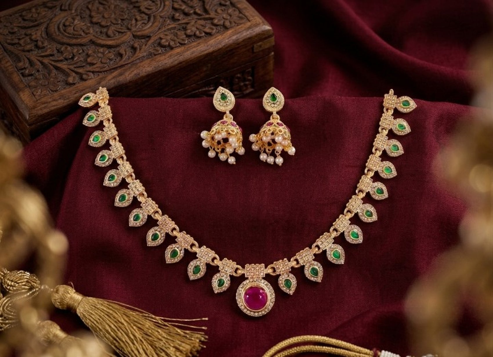 Jewel City Multicolor Gold Plated Necklace Set With Jhumka Earrings|Temple Jewelry For Festive | Grocsy