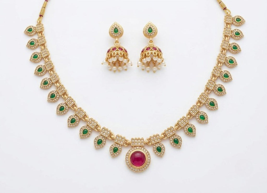 Jewel City Multicolor Gold Plated Necklace Set With Jhumka Earrings|Temple Jewelry For Festive | Grocsy