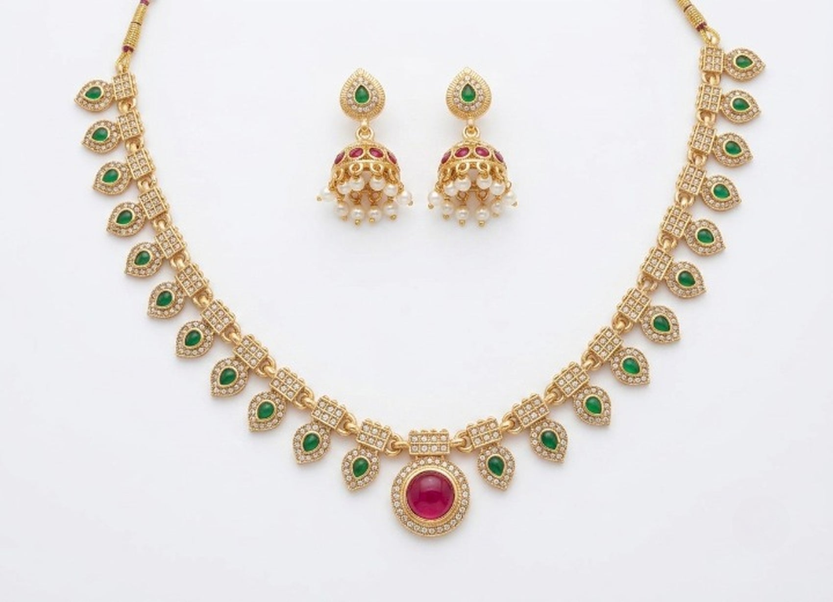 Jewel City Multicolor Gold Plated Necklace Set With Jhumka Earrings|Temple Jewelry For Festive | Grocsy