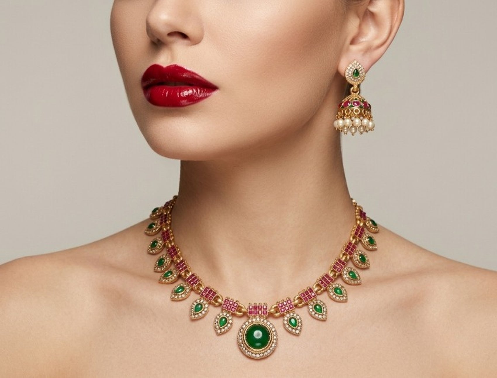 Jewel City Multicolor Gold Plated Necklace Set With Jhumka Earrings|Temple Jewelry | Grocsy