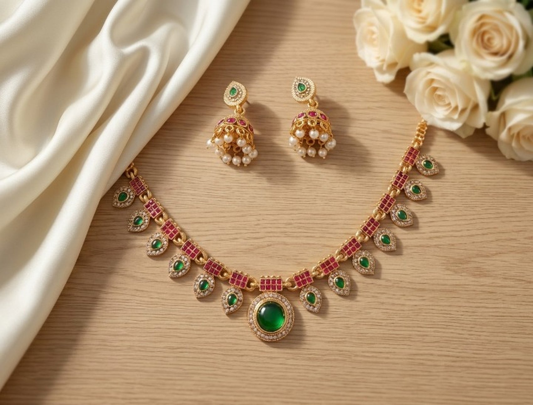 Jewel City Multicolor Gold Plated Necklace Set With Jhumka Earrings|Temple Jewelry | Grocsy
