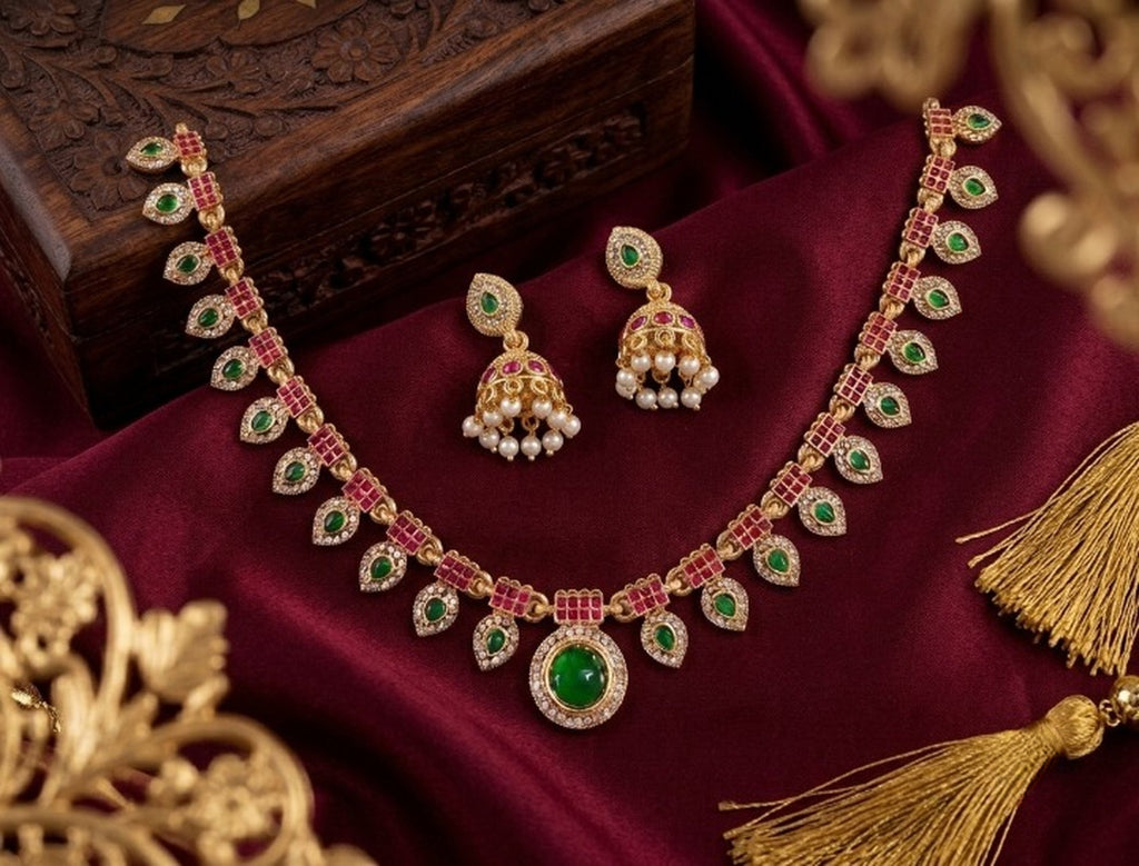 Jewel City Multicolor Gold Plated Necklace Set With Jhumka Earrings|Temple Jewelry | Grocsy