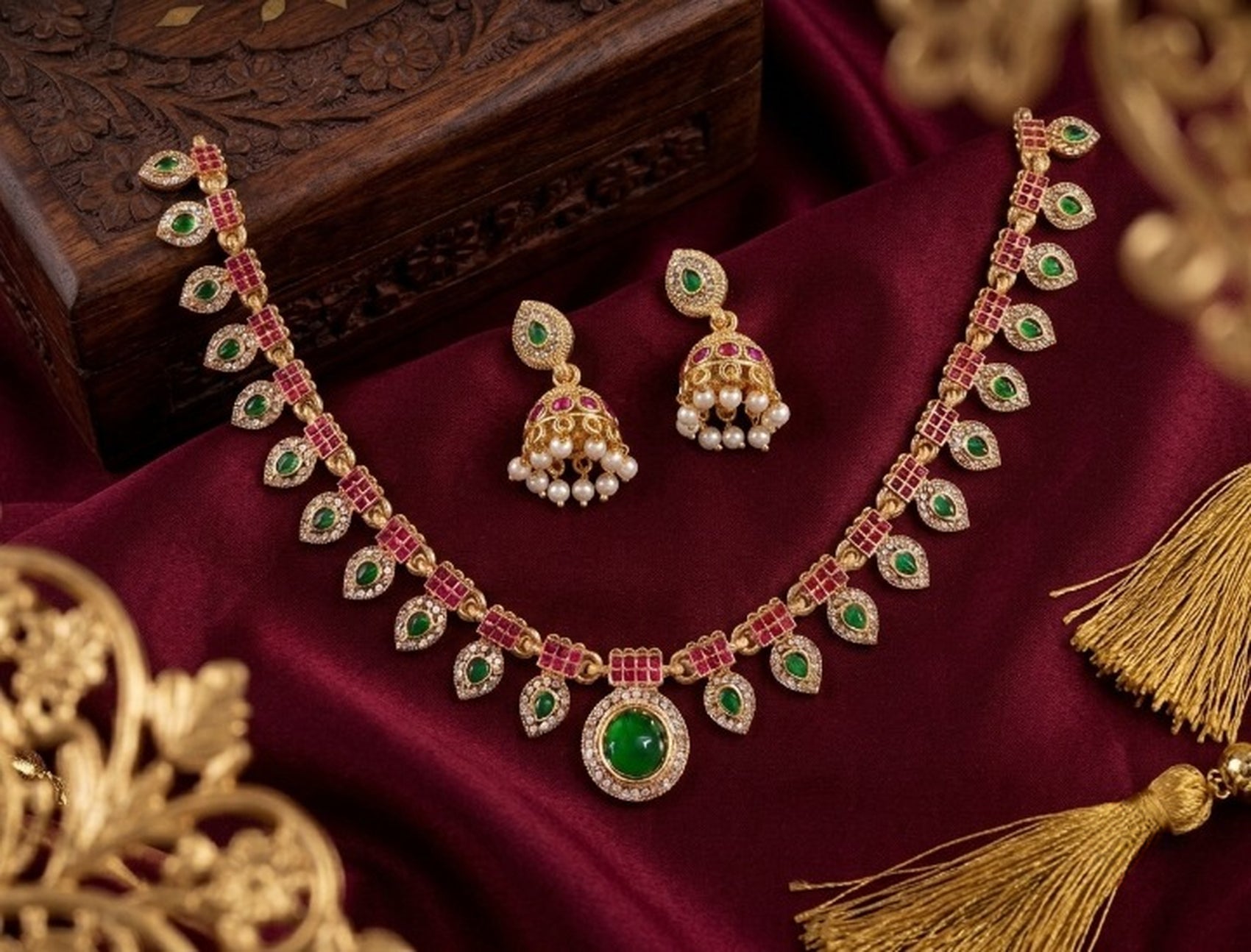 Jewel City Multicolor Gold Plated Necklace Set With Jhumka Earrings|Temple Jewelry | Grocsy