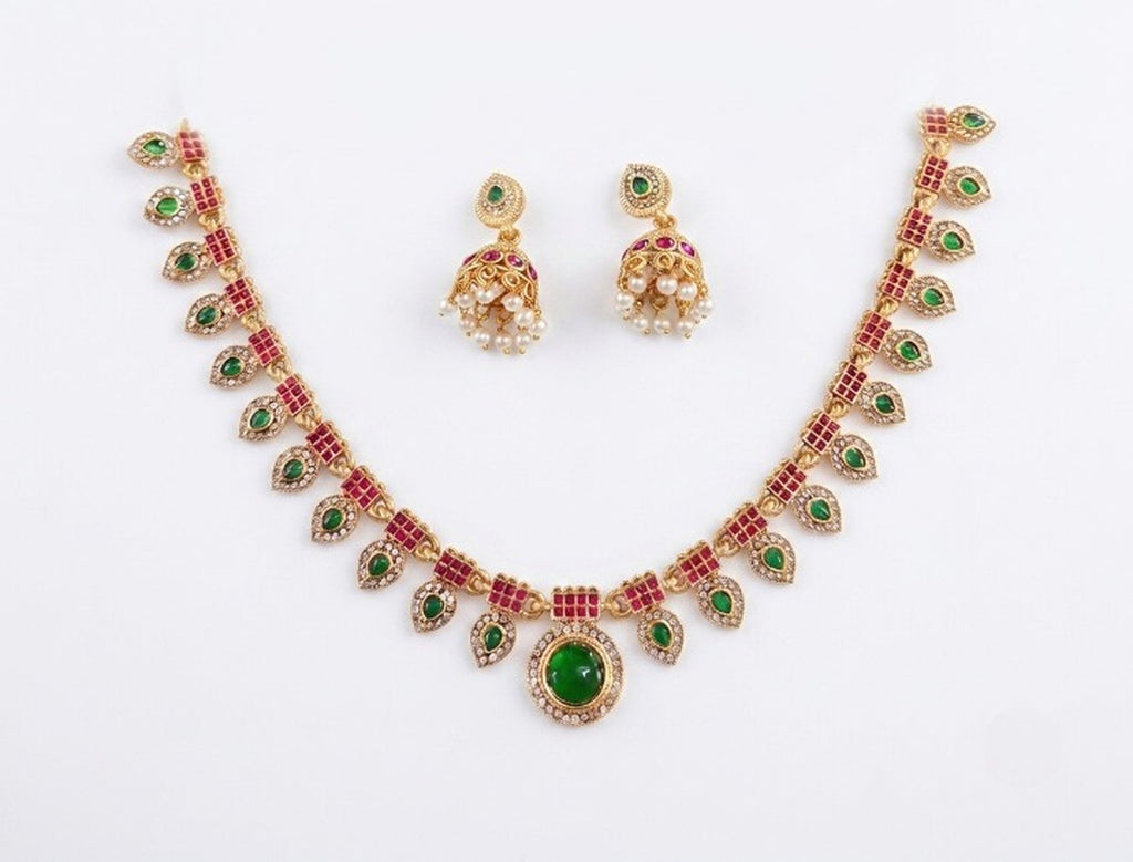 Jewel City Multicolor Gold Plated Necklace Set With Jhumka Earrings|Temple Jewelry | Grocsy