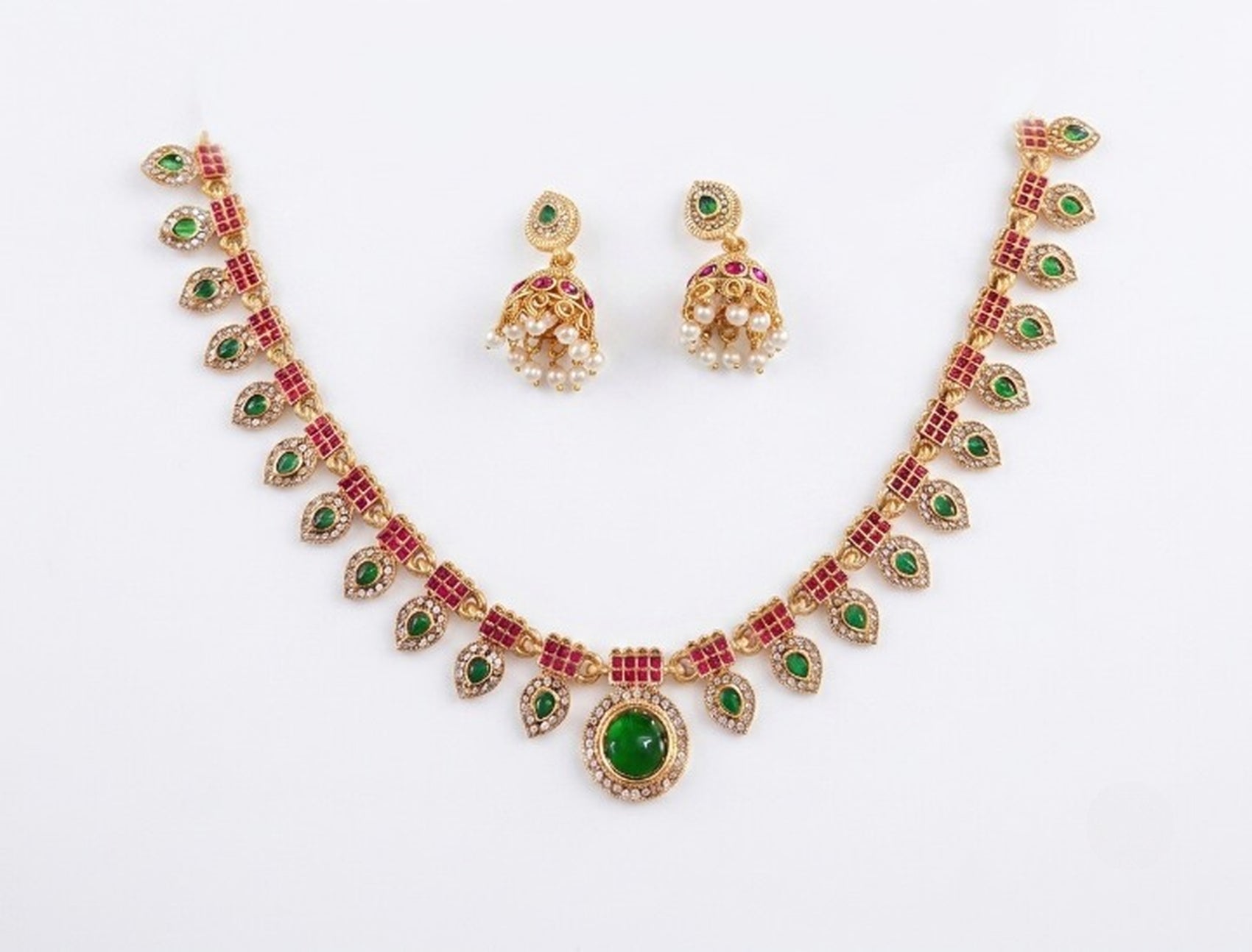 Jewel City Multicolor Gold Plated Necklace Set With Jhumka Earrings|Temple Jewelry | Grocsy