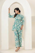 Kaajh Women's Turqouise Gold Print Cotton Co-ord Set | Grocsy