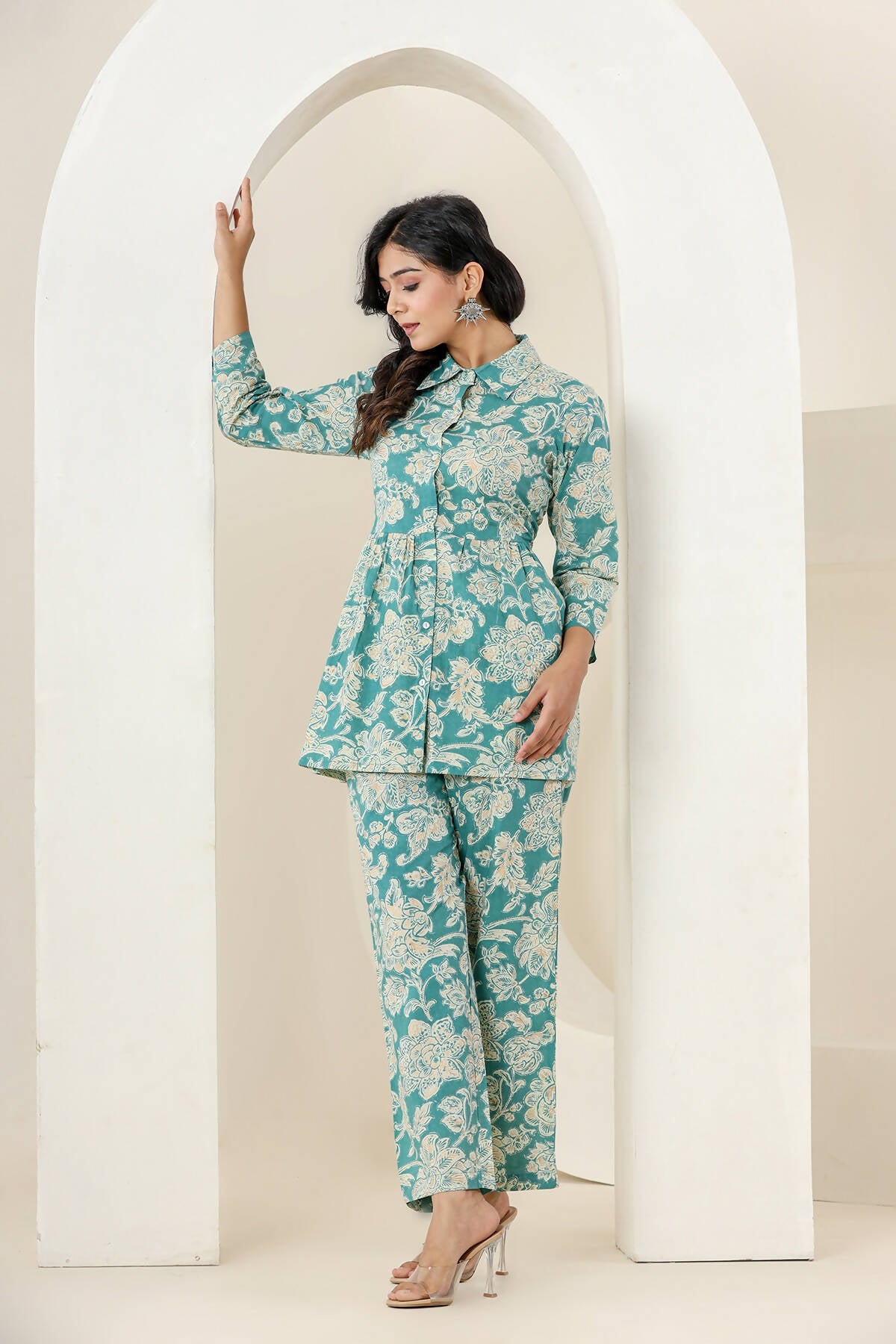 Kaajh Women's Turqouise Gold Print Cotton Co-ord Set | Grocsy