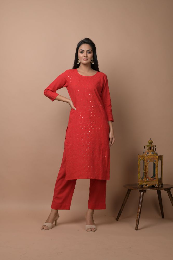 Kaajh Women's Red Solid Sequins Embellished Kurta Pant Set | Grocsy