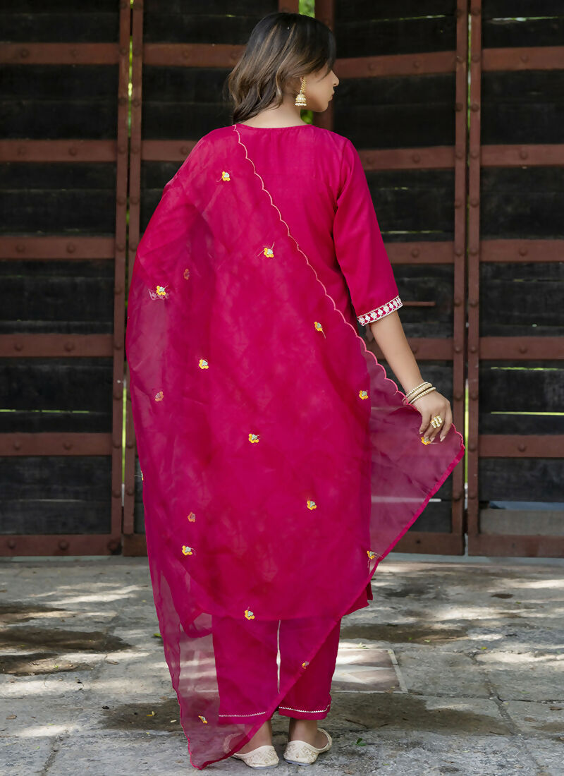 Vellora Rani Rose Silk Blend Embroidery Work Ready Salwar Set | Grocsy