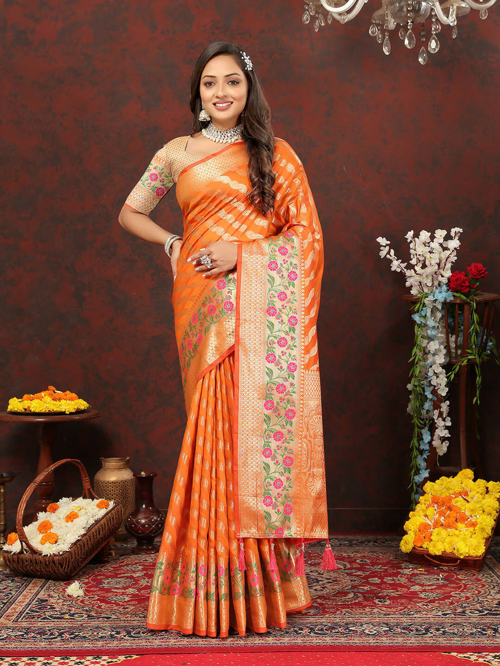 Lorenvalley Fashion Orange Soft Silk Woven Design with Zari Weaving Leheriya Design Saree | Grocsy