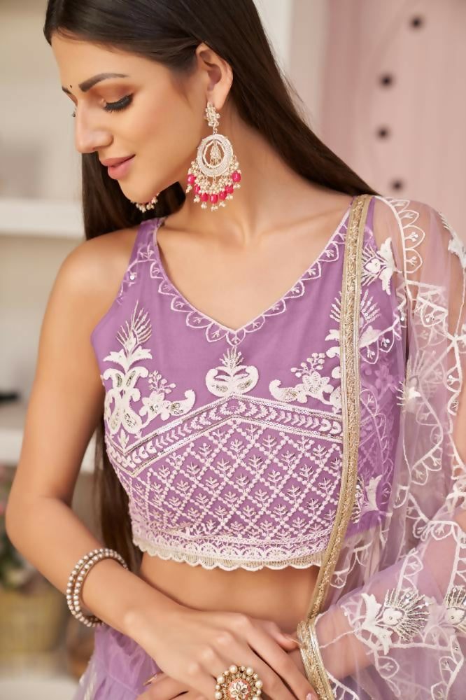 Aastha Fashion Lavender Butterfly Net White Cotton Thread Work, Zari Work And Sandwich Sequence Work Embroidery Wedding Wear Lehenga Choli | Grocsy