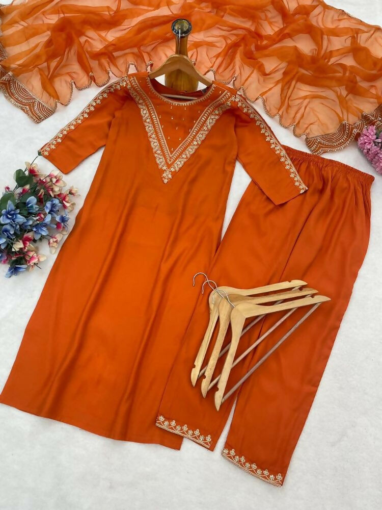 Teeya Creation New Womens Orange Straight Cut Kurta Set with Scalloped Embroidered Organza Dupatta Set | Grocsy