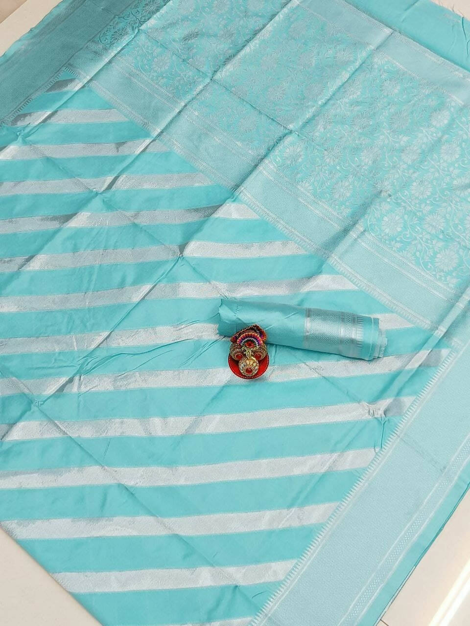 DEIANA'S Beautiful Designer Golden zari Soft Lichi Silk Saree - Sky | Grocsy