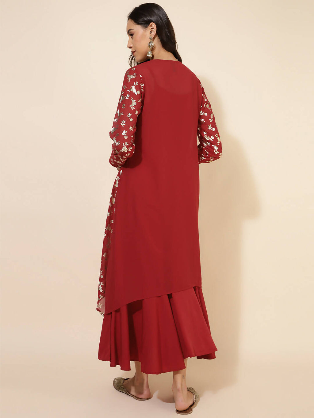 Janasya Women's Red Georgette Foil Printed Festive Flared Dress Set | Grocsy