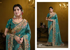 Teal Blue Pure Twill Tissue Pure Khatli work Designer Saree With Blouse. - Rajasvi | Grocsy