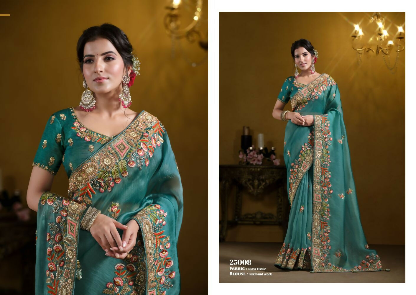 Teal Blue Pure Twill Tissue Pure Khatli work Designer Saree With Blouse. - Rajasvi | Grocsy