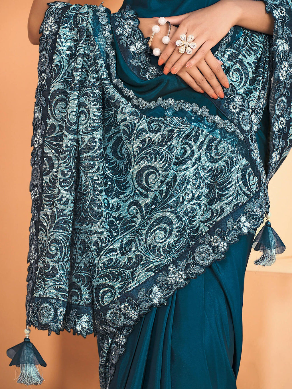 Teal Satin Crepe Silk Sequence Embroidered Saree With Unstitched Blouse - Mohmanthan Yavanika | Grocsy