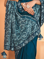 Teal Satin Crepe Silk Sequence Embroidered Saree With Unstitched Blouse - Mohmanthan Yavanika | Grocsy