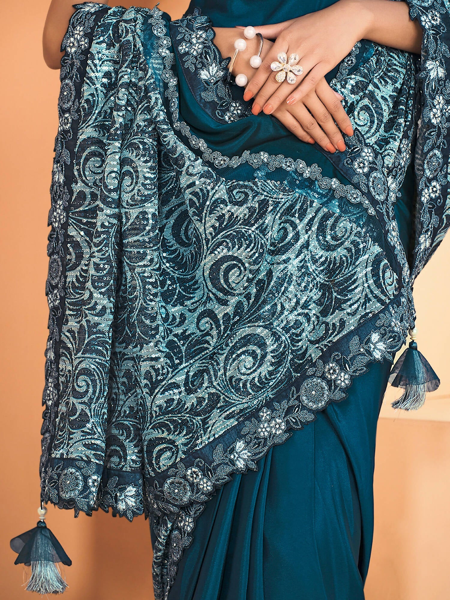 Teal Satin Crepe Silk Sequence Embroidered Saree With Unstitched Blouse - Mohmanthan Yavanika | Grocsy